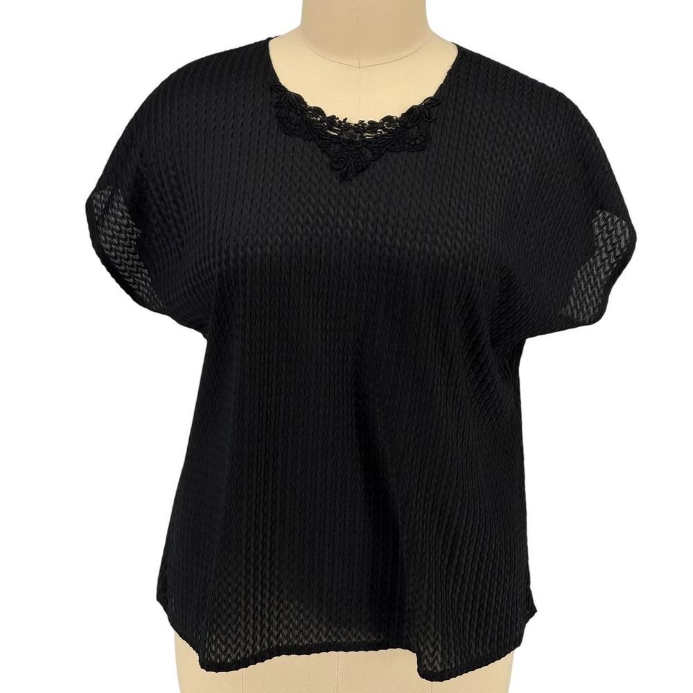 Joanna Blouse Black Textured Lace Trim V-Neck Vintage 22W